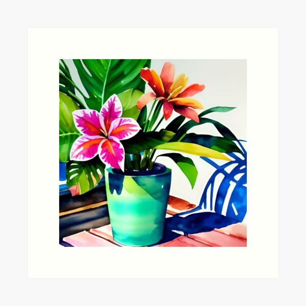 Item preview, Tropical Flowers in Teal Ceramic Pot designed and sold by rowanlafolle.