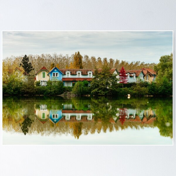 Item preview, Old resort houses reflection in the lake water, freshness of autumn, France designed and sold by Alexander Sorokopud.