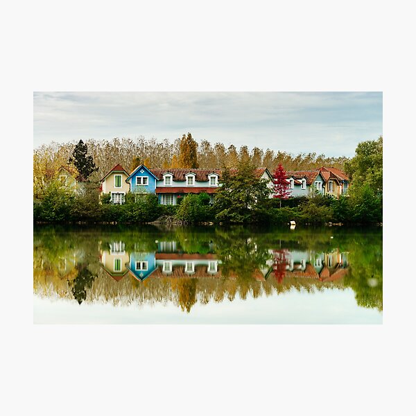 Item preview, Old resort houses reflection in the lake water, freshness of autumn, France designed and sold by Alexander Sorokopud.