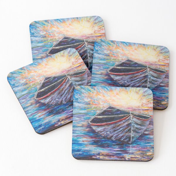 Item preview, Wooden Boat at Sunrise: A Seascape in Thick Impasto Texture designed and sold by Rocky Mountain Artistry.