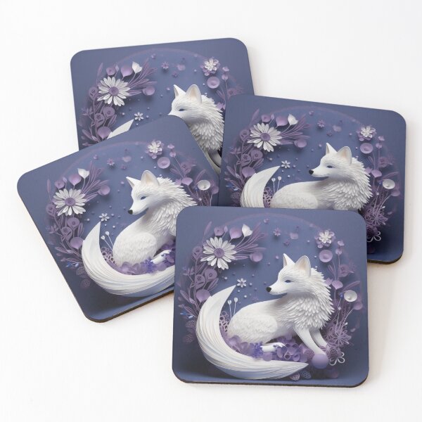 Item preview, 3d illustration of a white fox made of paper with flowers on a blue background designed and sold by aiphotosart.