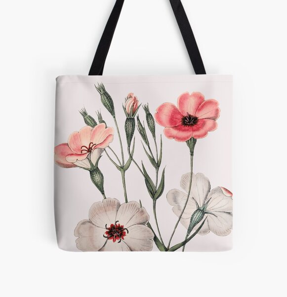 Vintage Dark-Eyed Viscaria Botanical Illustration | P331 All Over Print Tote Bag