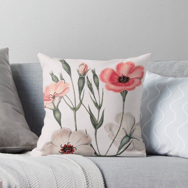 Vintage Dark-Eyed Viscaria Botanical Illustration | P331 Throw Pillow