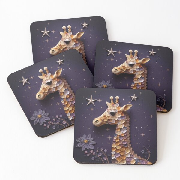 Item preview, Illustration of giraffe with stars and flowers on dark background. designed and sold by aiphotosart.
