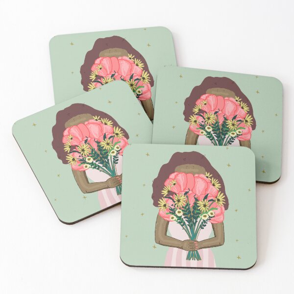Item preview, Cute girl holding a floral bouquet in a pink dress | pink and green designed and sold by Ingrid Poole.