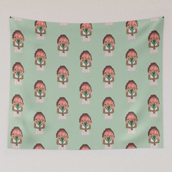 Item preview, Cute girl holding a floral bouquet in a pink dress | pink and green designed and sold by Ingrid Poole.