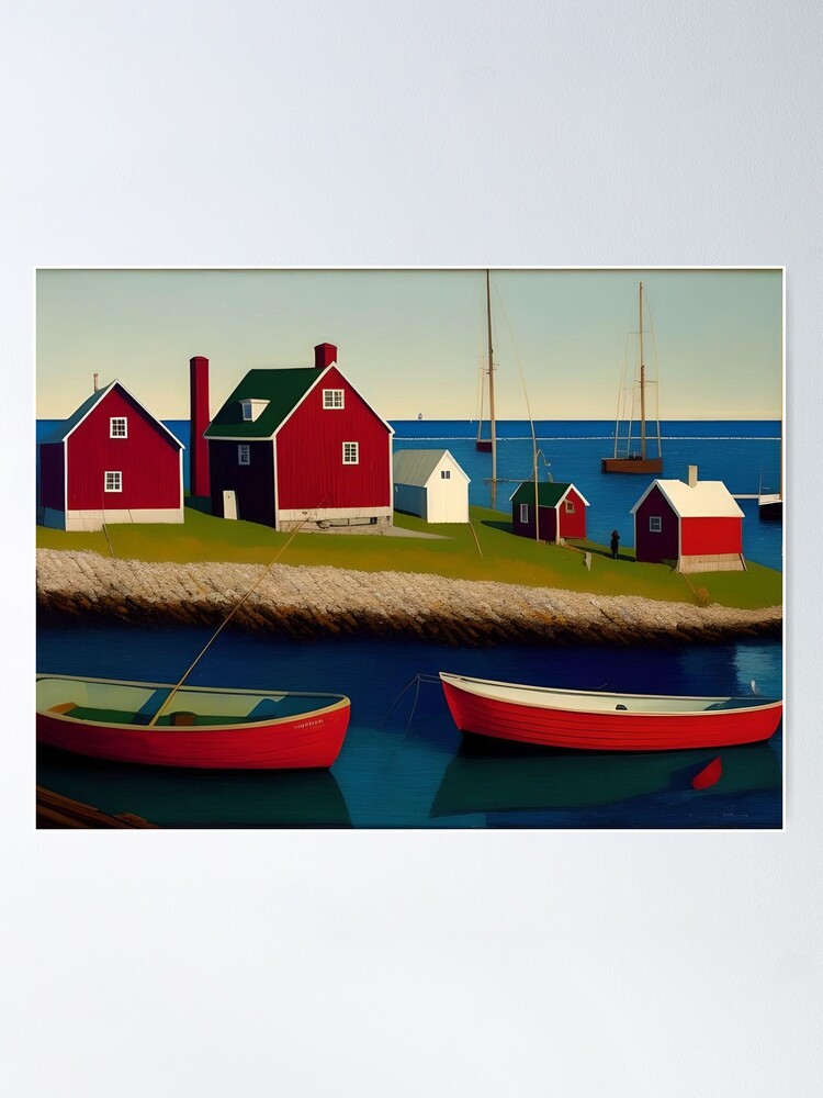 Crimson red seaside homes and lobster shacks, daybreak New England blue  Atlantic Ocean nautical maritime landscape painting Poster for Sale by  Jéanpaul Ferro