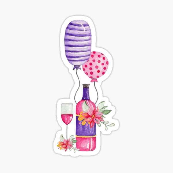 Artikel-Vorschau von Rosa Luftballons und Weinflaschen-Aquarell-Clipart-Aufkleber, designt und verkauft von InaDim.