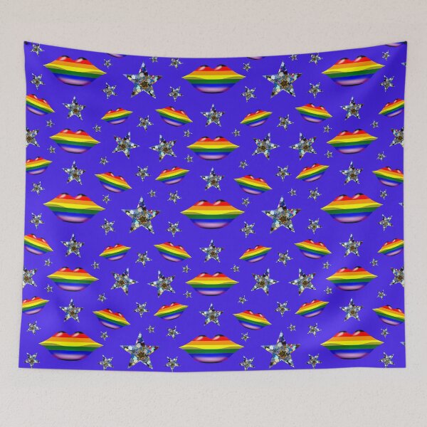 Item preview, LGBT Rainbow Lips and Star pattern on a blue background designed and sold by Pear Tree Studio.