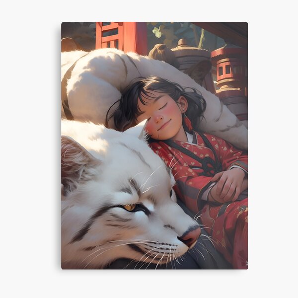 Girl in Kimono Sleeping with a Giant White Fox, AI Generated Metal Print