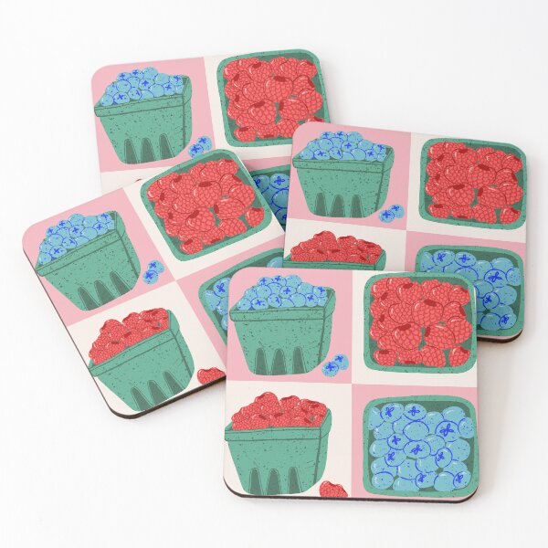 Item preview, Farmer’s Market Berries, blueberries and raspberries in teal baskets - on cream and pink checkered background designed and sold by maddydoodlesoup.