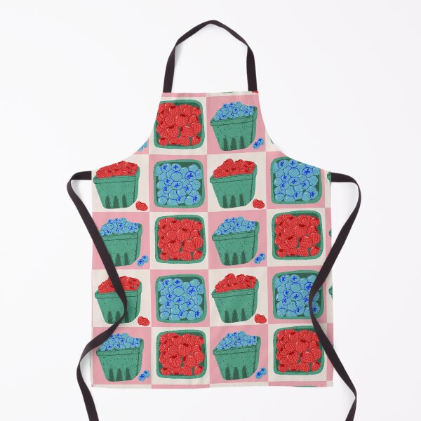 Item preview, Farmer’s Market Berries, blueberries and raspberries in teal baskets - on cream and pink checkered background designed and sold by maddydoodlesoup.