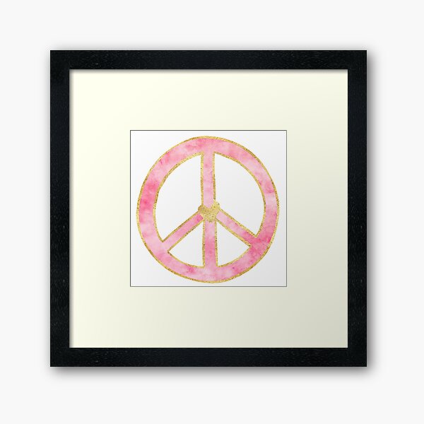Pink Watercolor Gold Peace Sign Heart Framed Art Print