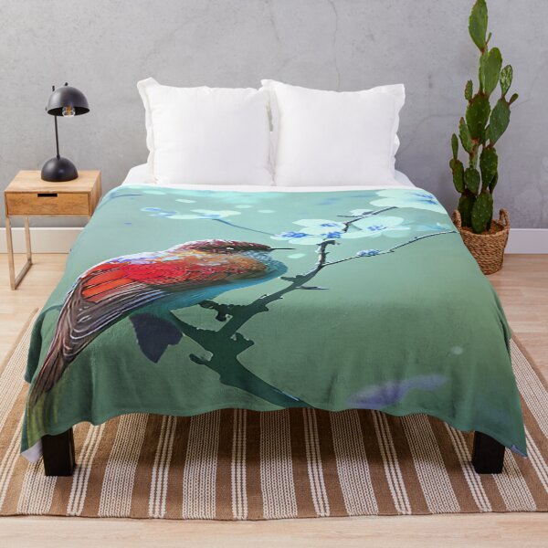 Item preview, Bird Orange Red in Tree with Aqua Blue Flowers and Green Sky designed and sold by deniselynnimage.