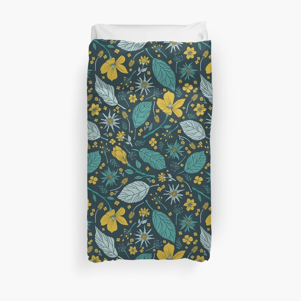 "Teal & Mustard Yellow Flower Pattern" Duvet Cover by somecallmebeth