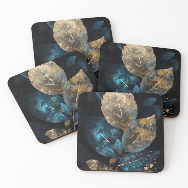 Item preview, Golden and blue abstract leaves on black designed and sold by MargaretWiktor.