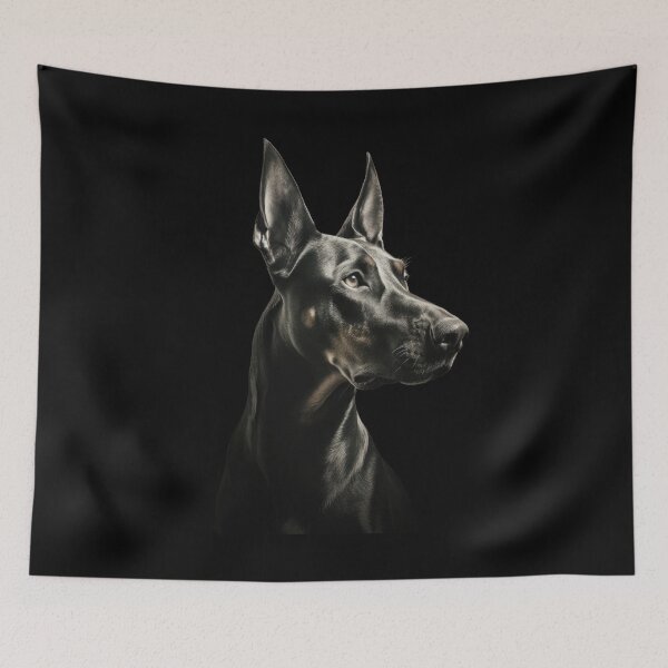 Item preview, Doberman guard dog on alert in black-and-white looking to the right designed and sold by MagicStrawberry.