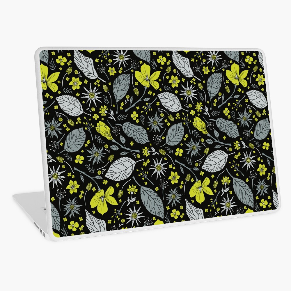 Black, Gray & Lime Green Floral/Botanical Pattern Laptop Skin
