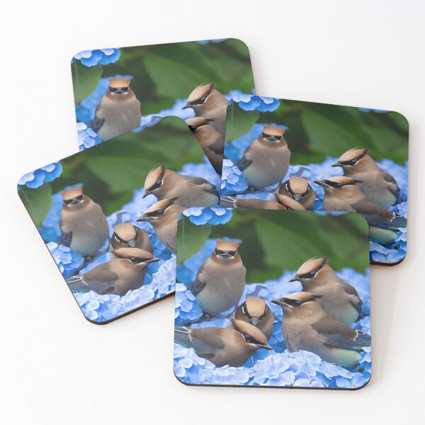 Item preview, Cedar Waxwing Birds on Blue Hydrangea Flowers designed and sold by CattyCornerPOD.