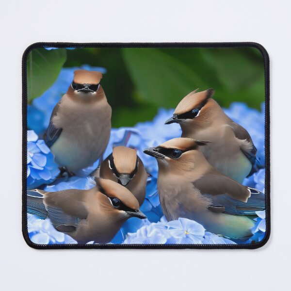 Item preview, Cedar Waxwing Birds on Blue Hydrangea Flowers designed and sold by CattyCornerPOD.