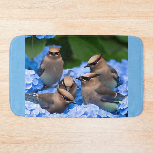 Item preview, Cedar Waxwing Birds on Blue Hydrangea Flowers designed and sold by CattyCornerPOD.
