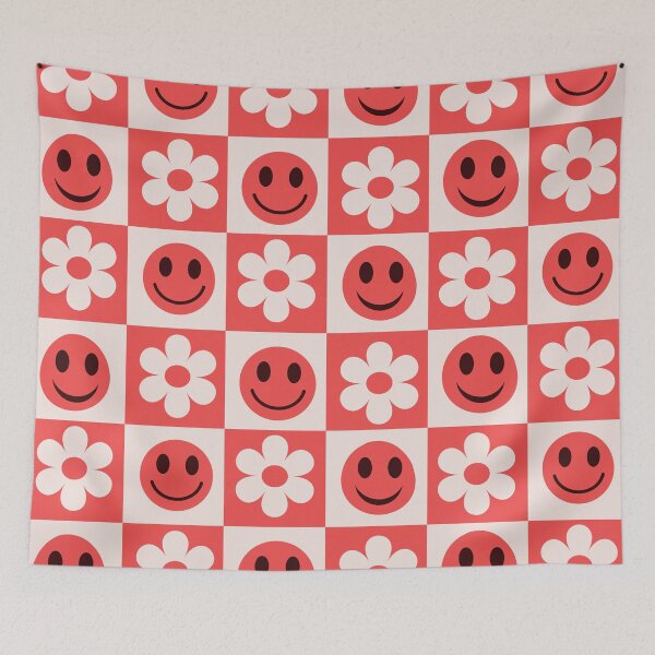 Item preview, Red and White Checkered Flowers and Smiling Faces Pattern designed and sold by Yasminepatterns .