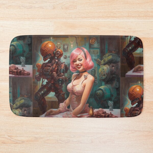 Item preview, Sci-Fi, pin up, retro futuristic beautiful Android smiling while being build designed and sold by GueloStudio.