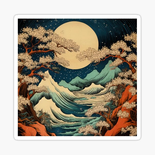 Item preview, Japanese Japan Wood-block Okiyo-e Mountian Moonlight Garden designed and sold by BrandonArtWorld.