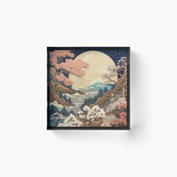 Item preview, Japanese Japan Wood-block Okiyo-e Mountian Moonlight Garden designed and sold by BrandonArtWorld.