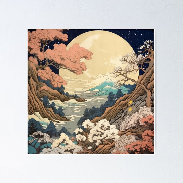 Item preview, Japanese Japan Wood-block Okiyo-e Mountian Moonlight Garden designed and sold by BrandonArtWorld.