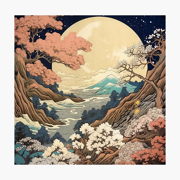 Item preview, Japanese Japan Wood-block Okiyo-e Mountian Moonlight Garden designed and sold by BrandonArtWorld.