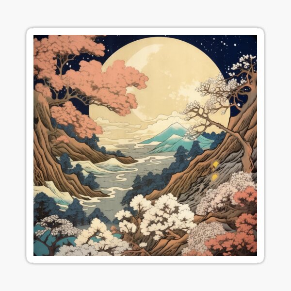 Item preview, Japanese Japan Wood-block Okiyo-e Mountian Moonlight Garden designed and sold by BrandonArtWorld.