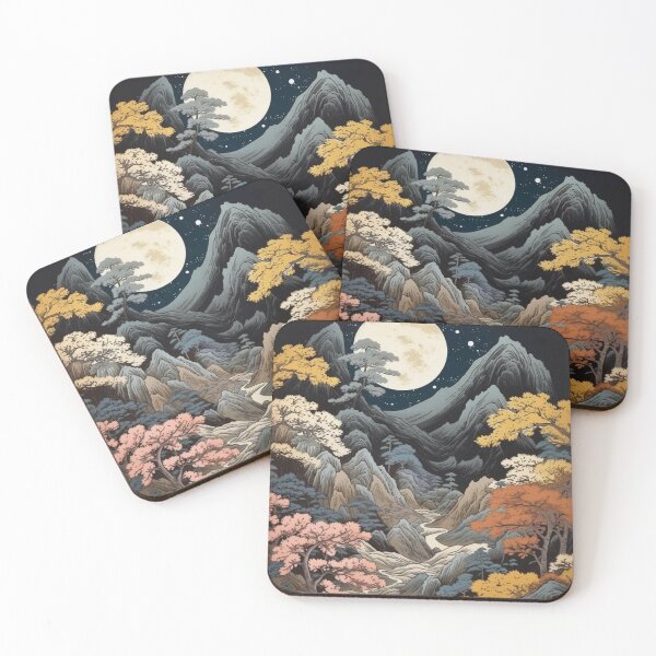Item preview, Japanese Japan Wood-block Okiyo-e Mountian Moonlight Garden designed and sold by BrandonArtWorld.