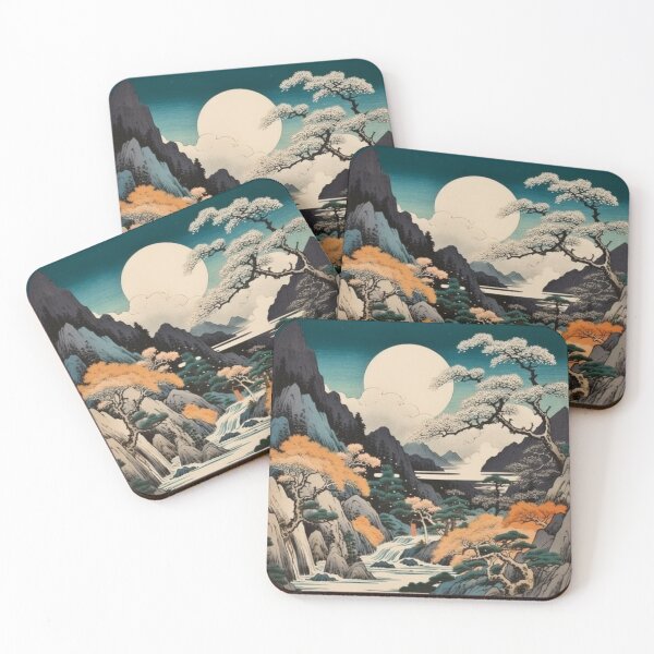 Item preview, Japanese Japan Wood-block Okiyo-e Mountian Moonlight Garden designed and sold by BrandonArtWorld.