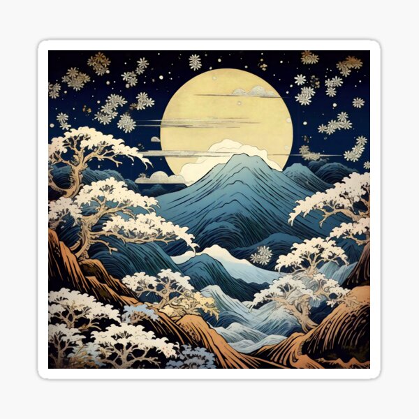 Item preview, Japanese Japan Wood-block Okiyo-e Mountian Moonlight Garden designed and sold by BrandonArtWorld.