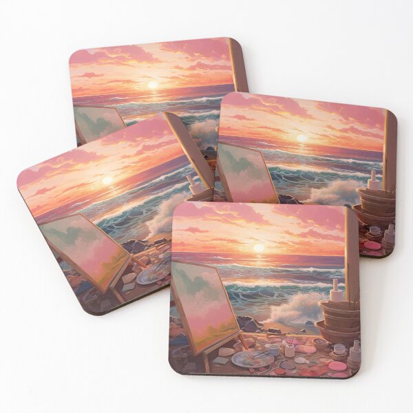 Item preview, Pink pastel sunset beach view from the open window with paintbrushes and a painting designed and sold by MagicStrawberry.