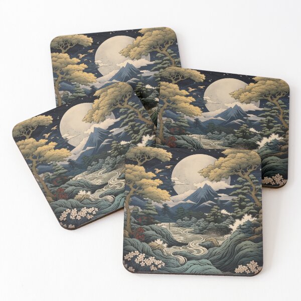 Item preview, Japanese Japan Wood-block Okiyo-e Mountian Moonlight Garden designed and sold by BrandonArtWorld.