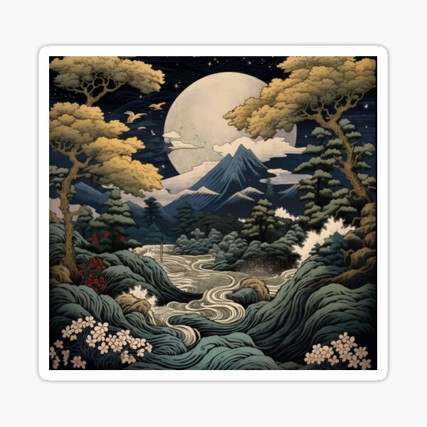 Item preview, Japanese Japan Wood-block Okiyo-e Mountian Moonlight Garden designed and sold by BrandonArtWorld.
