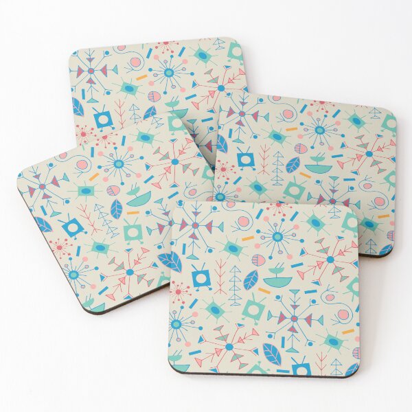 Item preview, ATOMIC Mid-Century Modern Retro Scattered Abstract in Turquoise Blue Red Pink Yellow on Cream - UnBlink Studio by Jackie Tahara designed and sold by Jackie Tahara of UnBlink Studio.