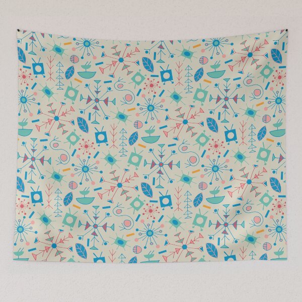 Item preview, ATOMIC Mid-Century Modern Retro Scattered Abstract in Turquoise Blue Red Pink Yellow on Cream - UnBlink Studio by Jackie Tahara designed and sold by Jackie Tahara of UnBlink Studio.