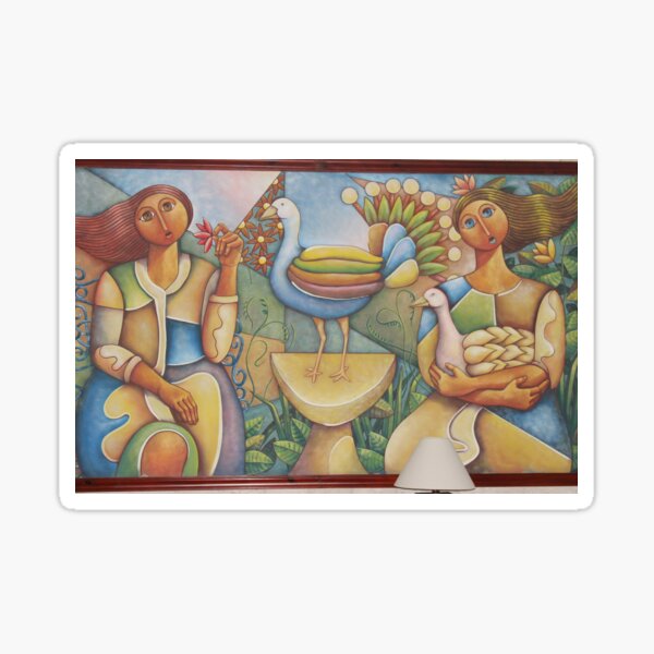 #Fantastic #bird #surrounded #two #girls #Painting #wall #hotel #cartoon #modernart #art #illustration #painting #god #mural #horizontal #colorimage #design #colors #people #imagination #designprof Sticker