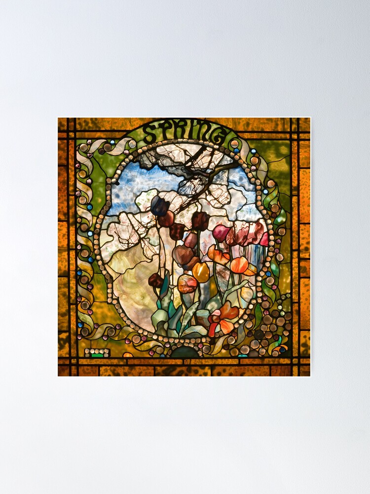 Louis Comfort Tiffany Four Seasons Set Mosaic Stained Glass Art with Base Decor, Size: One Size