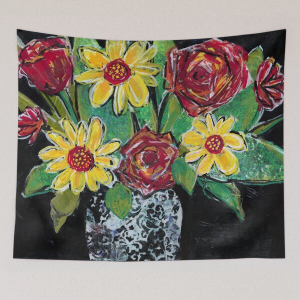 Item preview, Yellow Daisies and Red Roses Abstract Flowers Victorian Vase Collage Mixed Media Painting designed and sold by JoanneHerrmann.