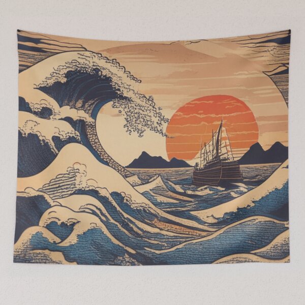 Aperçu de l'œuvre La grande vague et un bateau créée et vendue par XamiDesign.