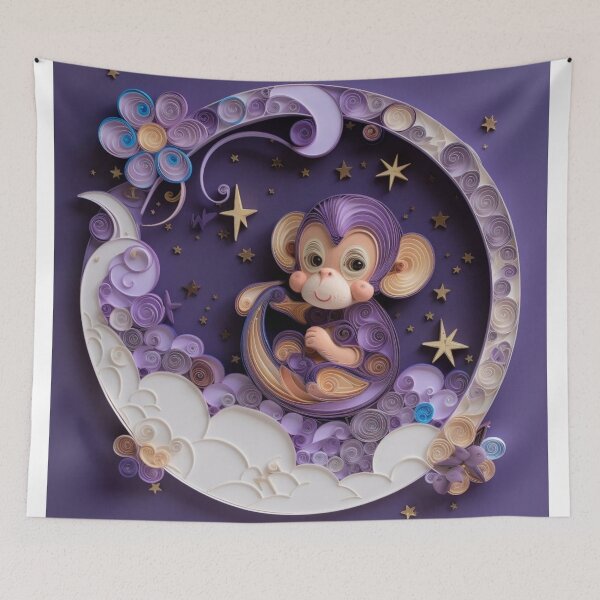 Item preview, Cute cartoon monkey in the moon with stars and flowers on purple background designed and sold by aiphotosart.
