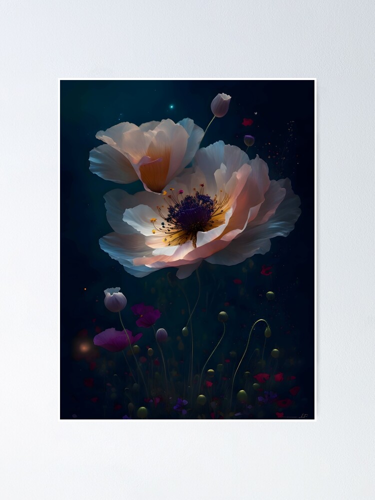 Mystical nature: poppy and flowers in a detailed design. Immerse yourself  in a magical night full of luminosity and beauty Poster by byaz3