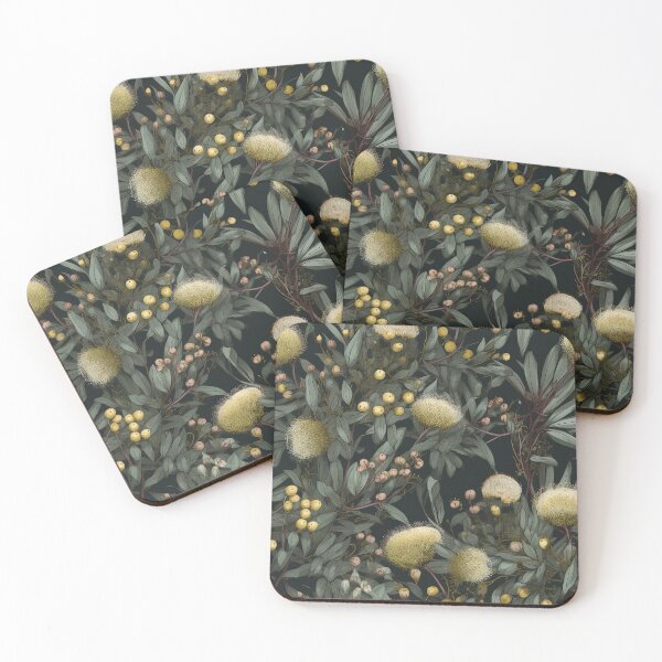 Item preview, Beautiful Native Australian wallpaper for bookcovers and homewares. Floral blooms of wattle and budding eucalypt leaves on dark background 1 designed and sold by NatTex.