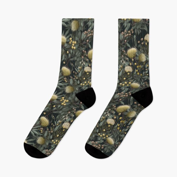 Item preview, Beautiful Native Australian wallpaper for bookcovers and homewares. Floral blooms of wattle and budding eucalypt leaves on dark background 1 designed and sold by NatTex.