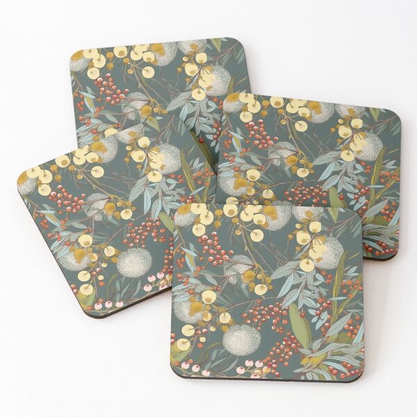 Item preview, Beautiful Native Australian wallpaper for bookcovers and homewares. Floral blooms of wattle and budding eucalypt leaves on dark background 2 designed and sold by NatTex.