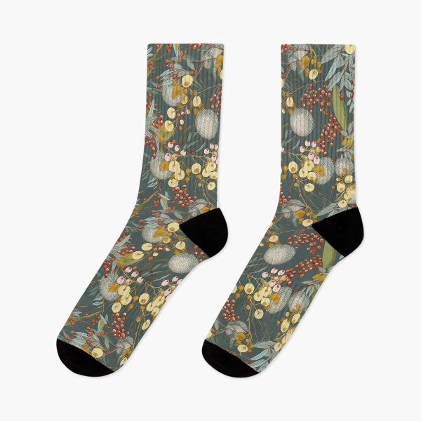 Item preview, Beautiful Native Australian wallpaper for bookcovers and homewares. Floral blooms of wattle and budding eucalypt leaves on dark background 2 designed and sold by NatTex.